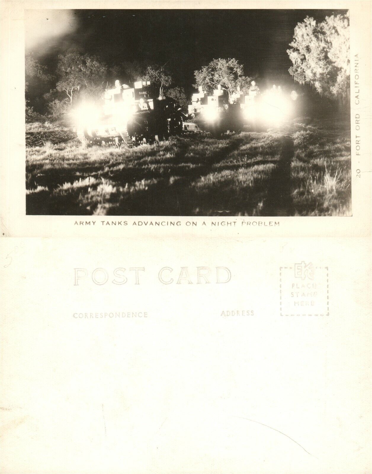 ARMY TANKS ADVANCING ON A NIGHT PROBLEM REAL PHOTO POSTCARD VINTAGE RPPC