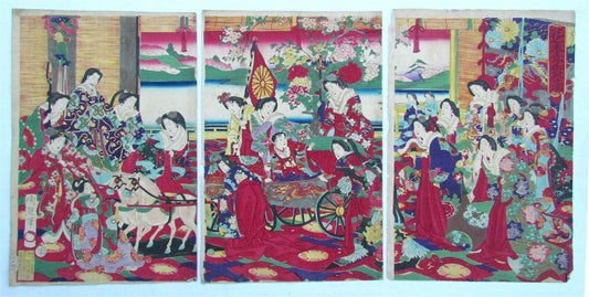 JAPANESE WOODBLOCK TRIPTYCH PRINT ANTIQUE by TOYOHARA CHIKANOBU MEIJI 1880s