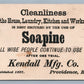 VICTORIAN TRADE CARD KENDALL MFG CO. PROVIDENCE RI CLEANLINESS SOAPINE antique