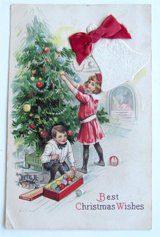 CHRISTMAS TREE w/ APPLIQUE SILK BOW ANTIQUE POSTCARD