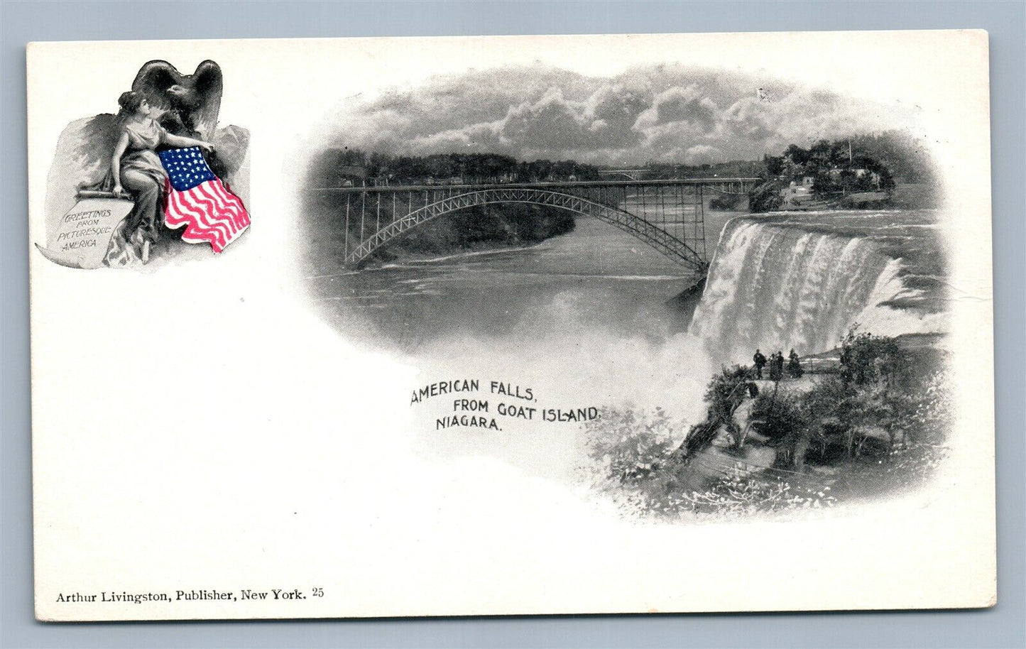 NIAGARA AMERICAN FALLS FROM GOAT ISLAND ANTIQUE POSTCARD by ARTHUR LIVINGSTON