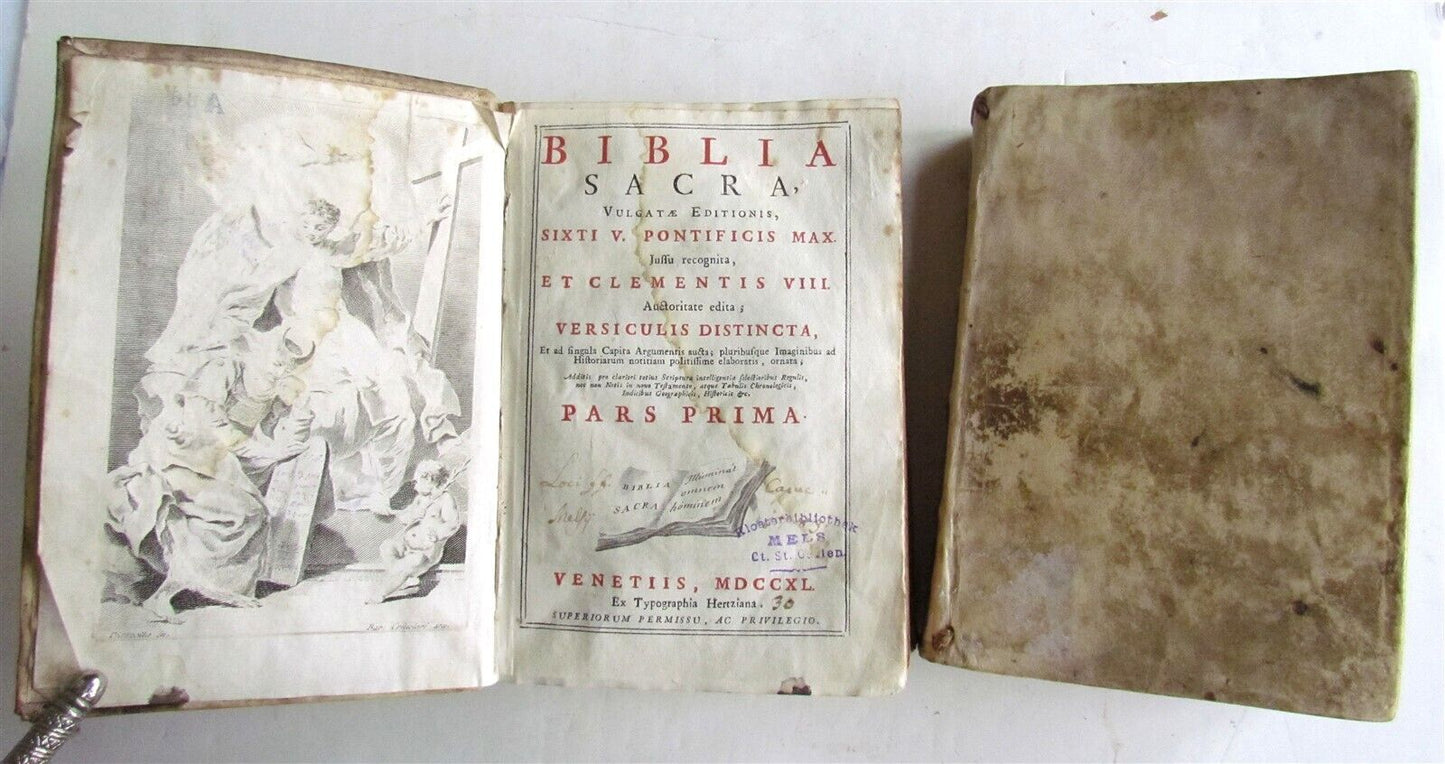 1740 BIBLE ILLUSTRATED 2 VOLUMES OLD TESTAMENT antique VELLUM BINDING in LATIN