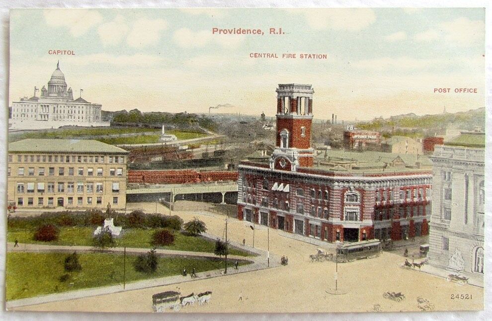 CENTRAL FIRE STATION & CAPITOL PROVIDENCE R.I. ANTIQUE POSTCARD