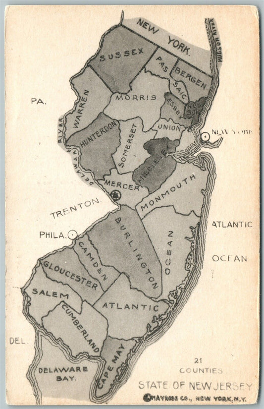 STATE OF NEW JERSEY MAP NJ VINTAGE POSTCARD