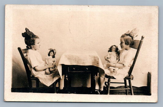 GIRLS w/ DOLLS ANTIQUE REAL PHOTO POSTCARD RPPC