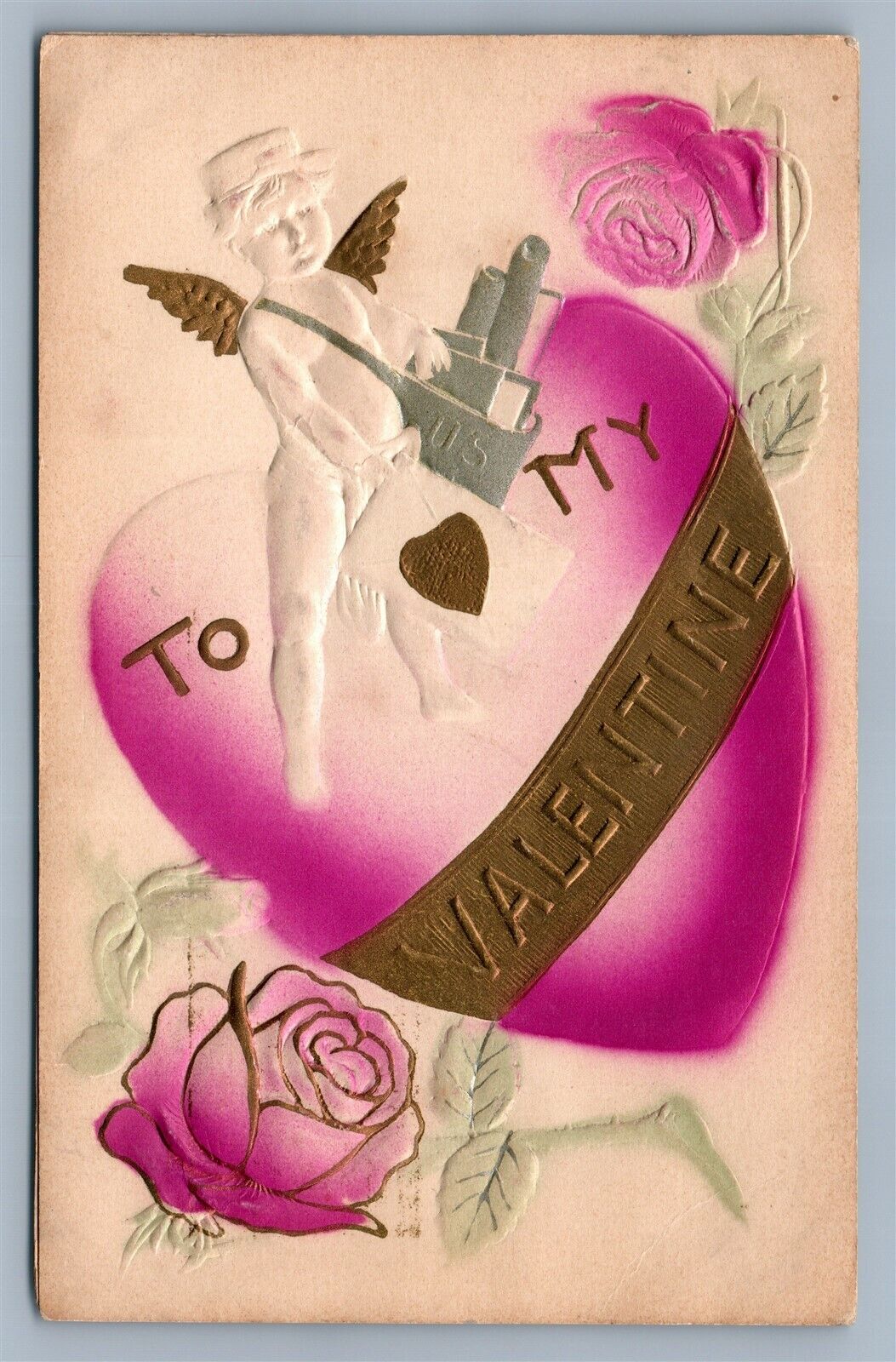 VALENTINE EMBOSSED ANTIQUE POSTCARD CUPID w/ US MAIL BAG