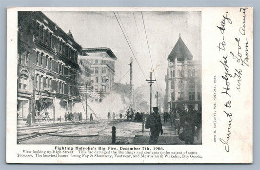 HOLYOKE MA 1906 BIG FIRE FIGHTING ANTIQUE POSTCARD