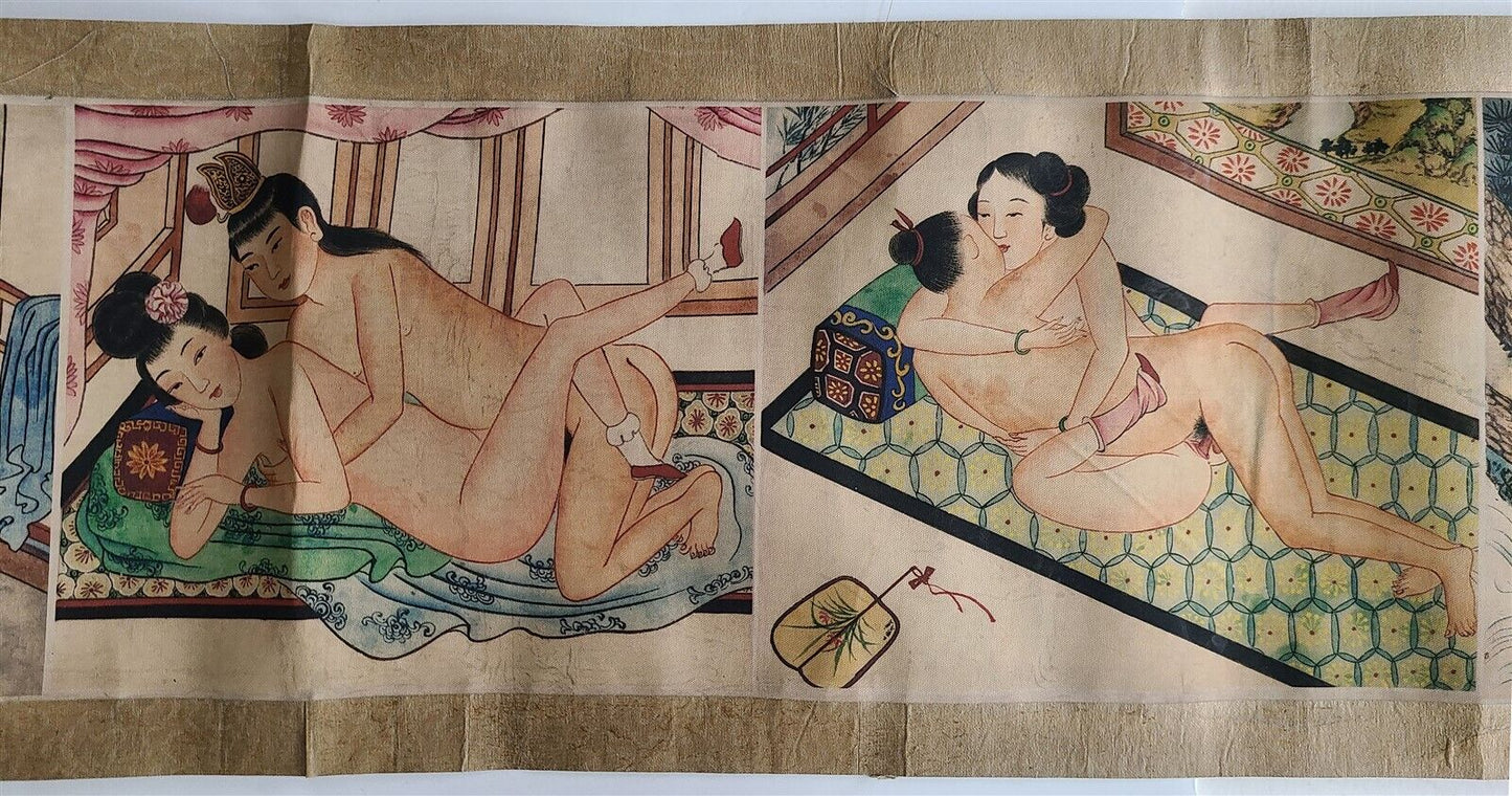 1920s CHINESE EROTIC SCROLL HAND PAINTED vintage SHUNGA 10 by 123"