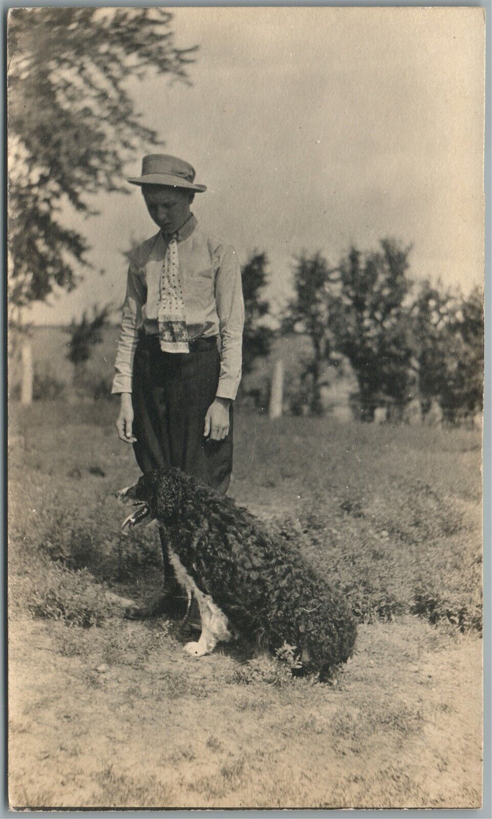 BOY w/ DOG ANTIQUE REAL PHOTO POSTCARD RPPC