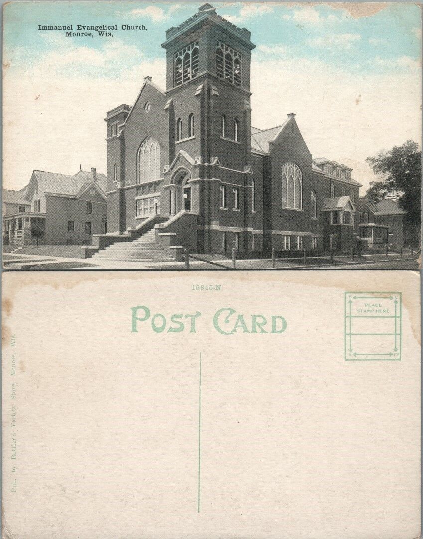 IMMANUEL EVANGELICAL CHURCH MONROE WIS. 1907 ANTIQUE POSTCARD