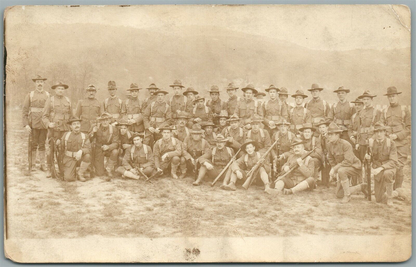 WWI MILITARY UNIT SOLDIERS w/ RIFLES ANTIQUE REAL PHOTO POSTCARD RPPC