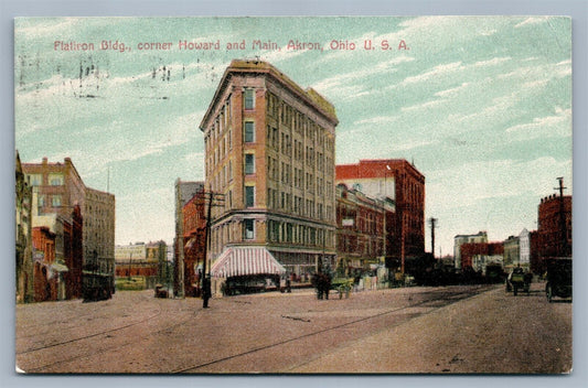 AKRON OH FLATIRON BUILDING HOWARD & MAIN STREET 1908 ANTIQUE POSTCARD