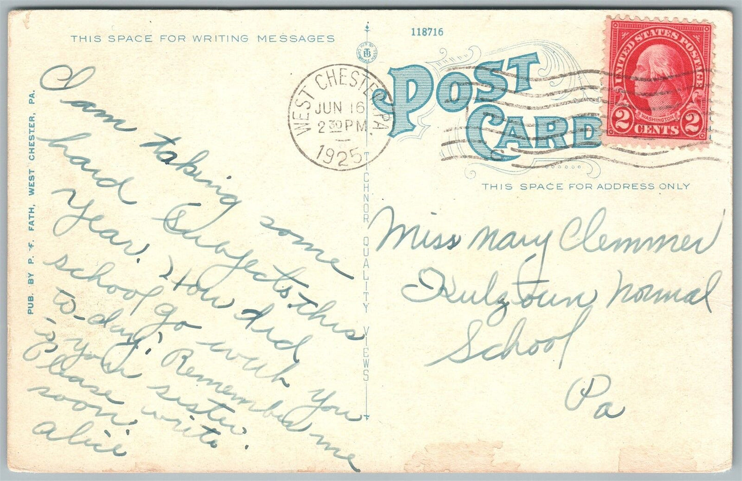 WEST CHESTER PA STATE NORMAL SCHOOL 1925 ANTIQUE POSTCARD