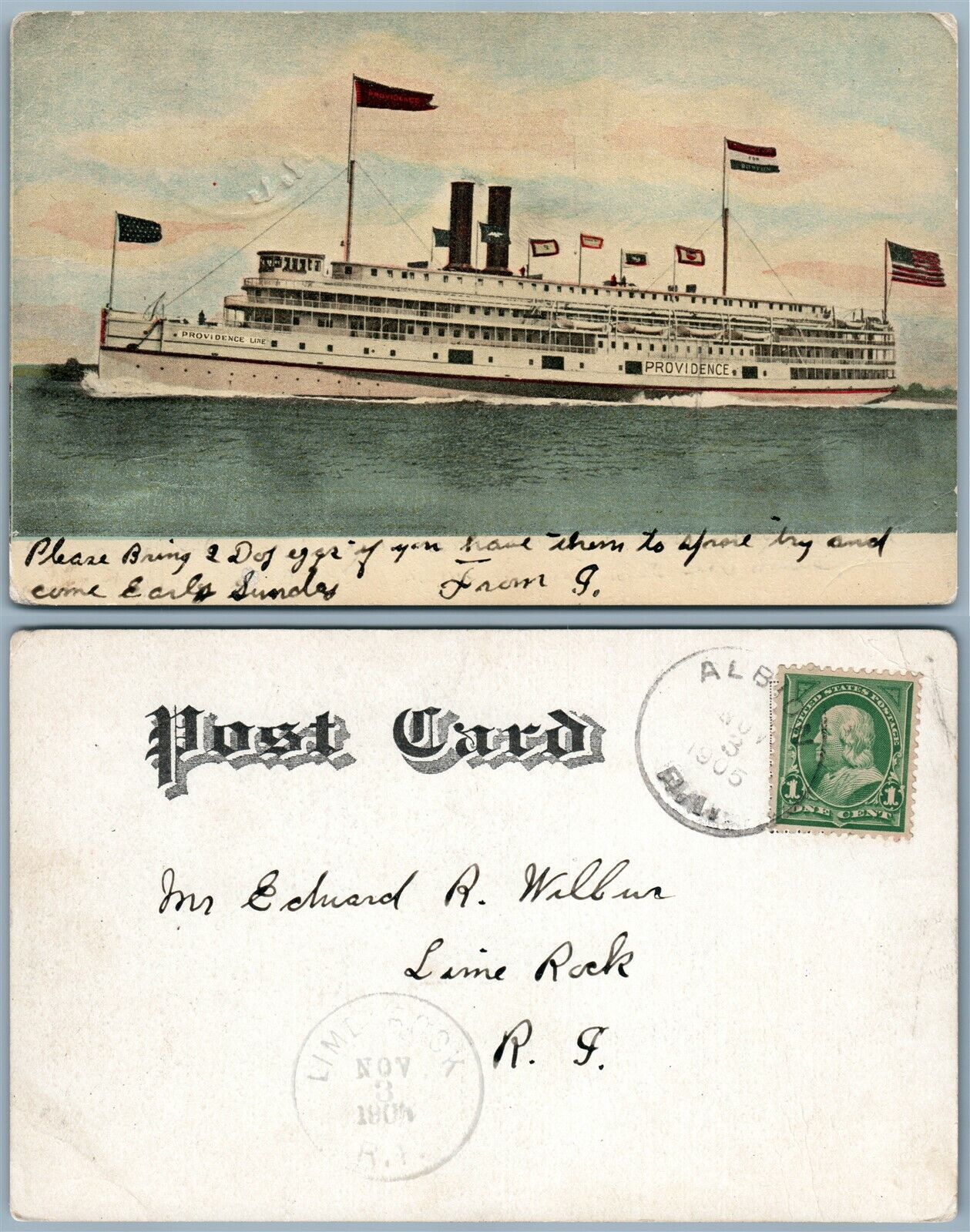 U.S. STEAMER PROVIDENCE 1905 ANTIQUE UNDIVIDED POSTCARD American flags