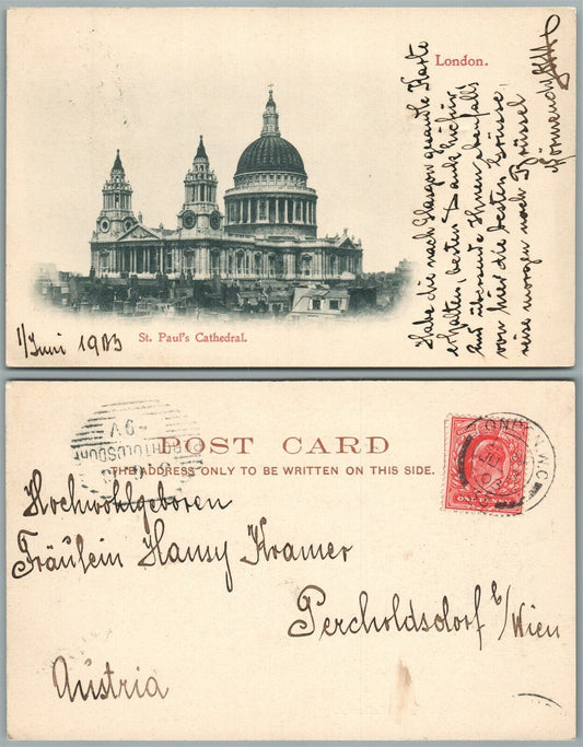 ST.PAUL'S CATHEDRAL LONDON ENGLAND 1903 ANTIQUE POSTCARD w/ STAMP