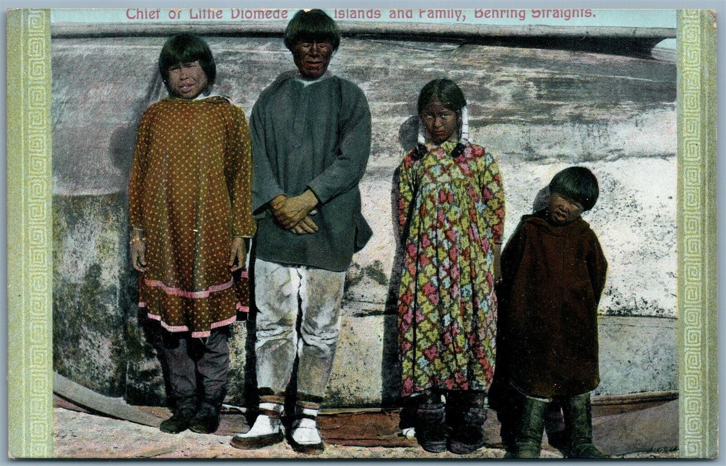 CHIEF OF LITTLE DIOMEDE ISLANDS & FAMILY BERING STRAITS 1909 ANTIQUE POSTCARD