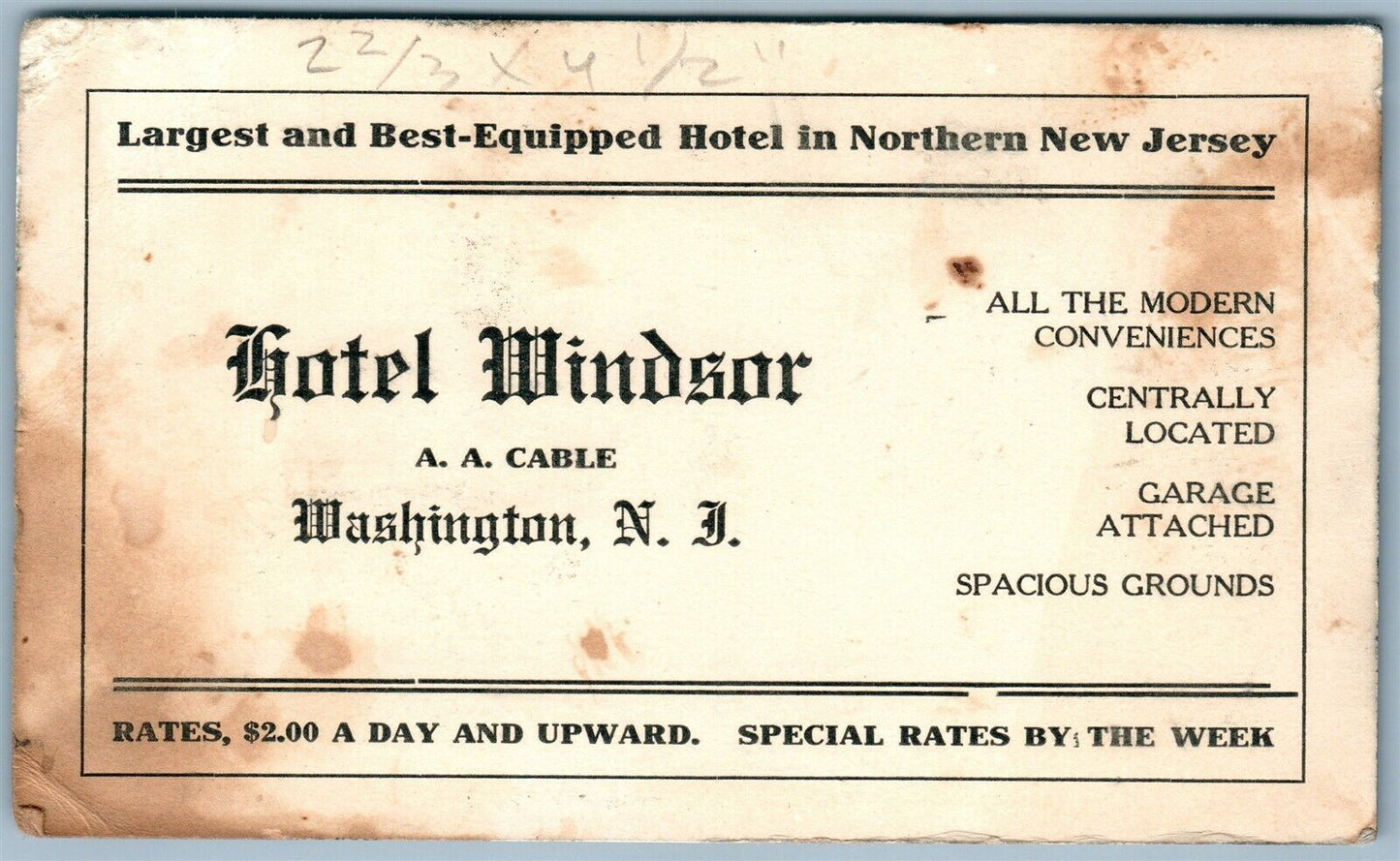 WASHINGTON NJ HOTEL WINDSOR ANTIQUE ADVERTISING TRADE CARD