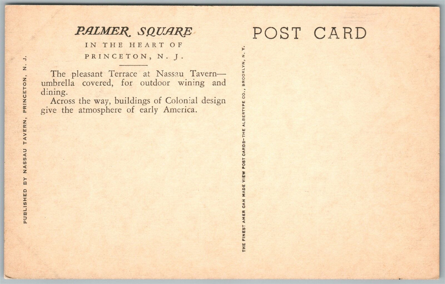PRINCETON NJ PALMER SQUARE NASSAU TAVERN ANTIQUE POSTCARD
