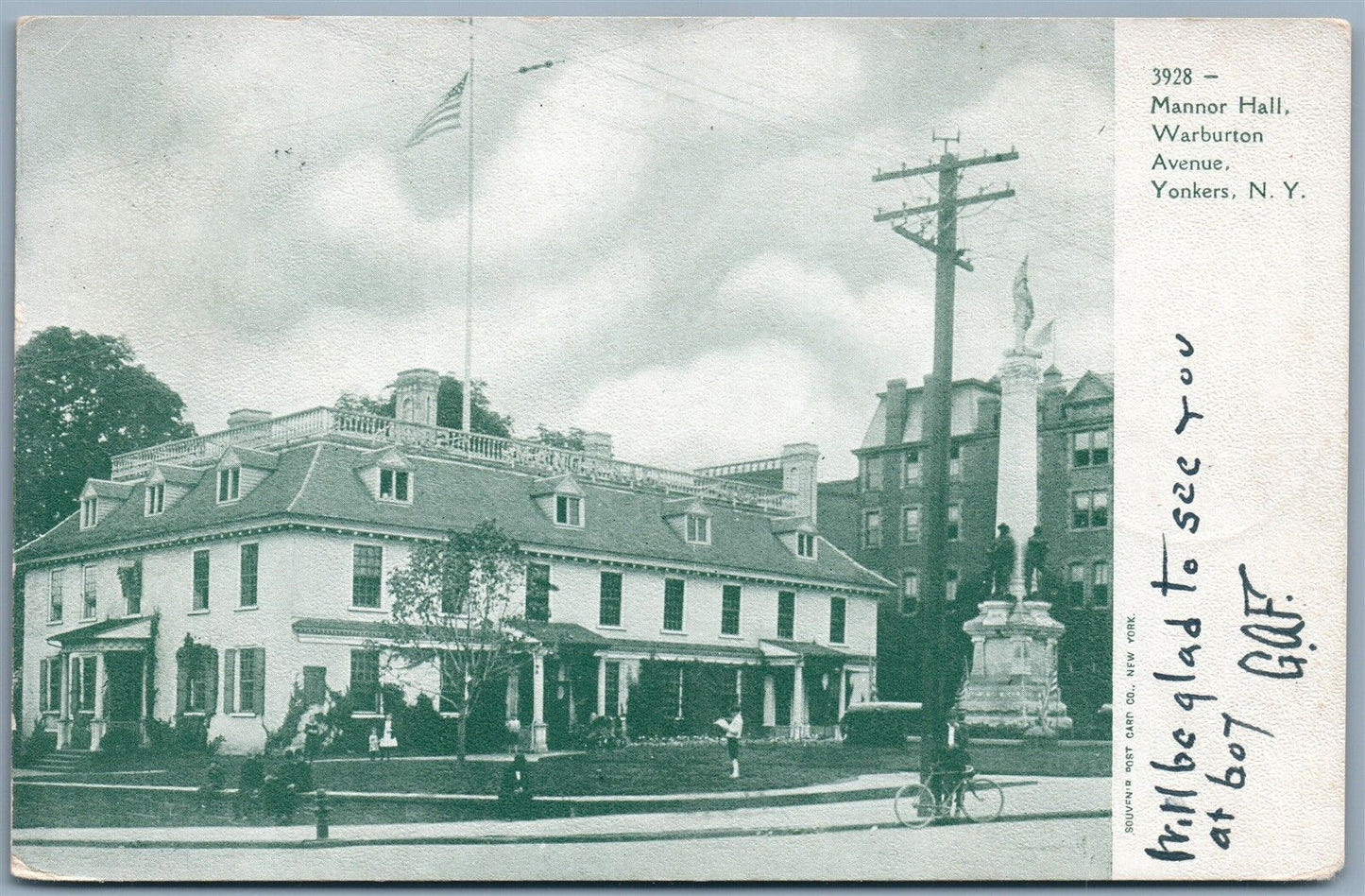 YONKERS NY WARBURTON AVENUE MANNOR HALL 1905 ANTIQUE POSTCARD w/CORK CANCEL