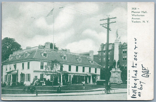 YONKERS NY WARBURTON AVENUE MANNOR HALL 1905 ANTIQUE POSTCARD w/CORK CANCEL