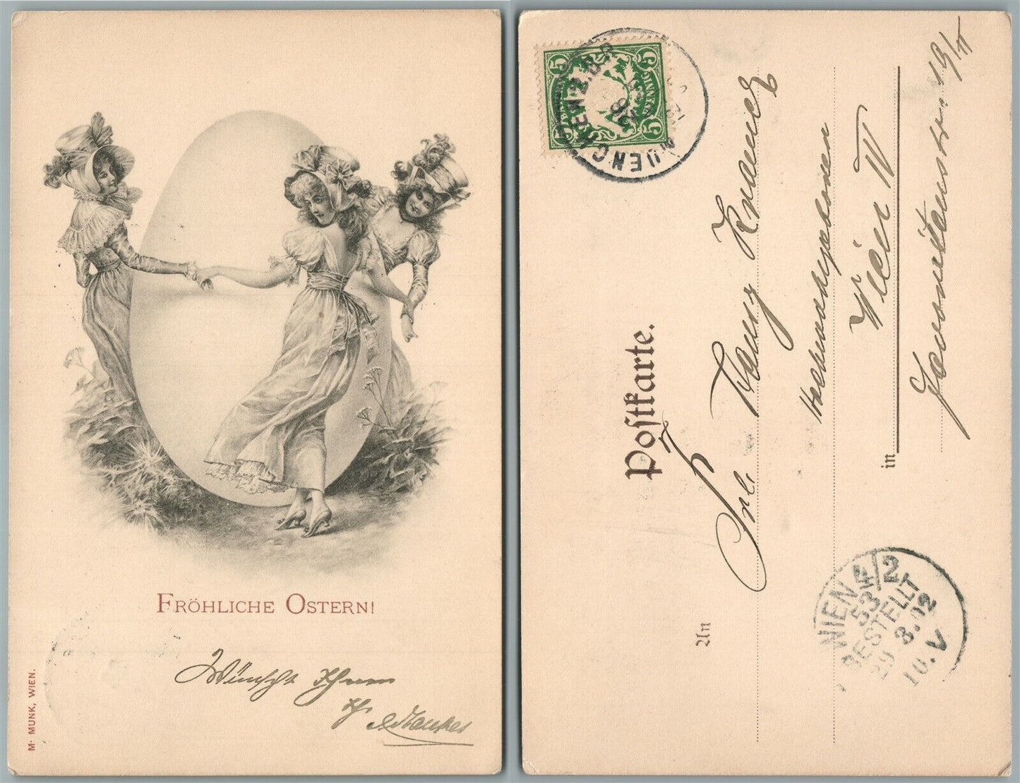 HAPPY EASTER 1902 GERMAN ANTIQUE ART POSTCARD w/ BAVARIAN STAMP GIRLS DANCING