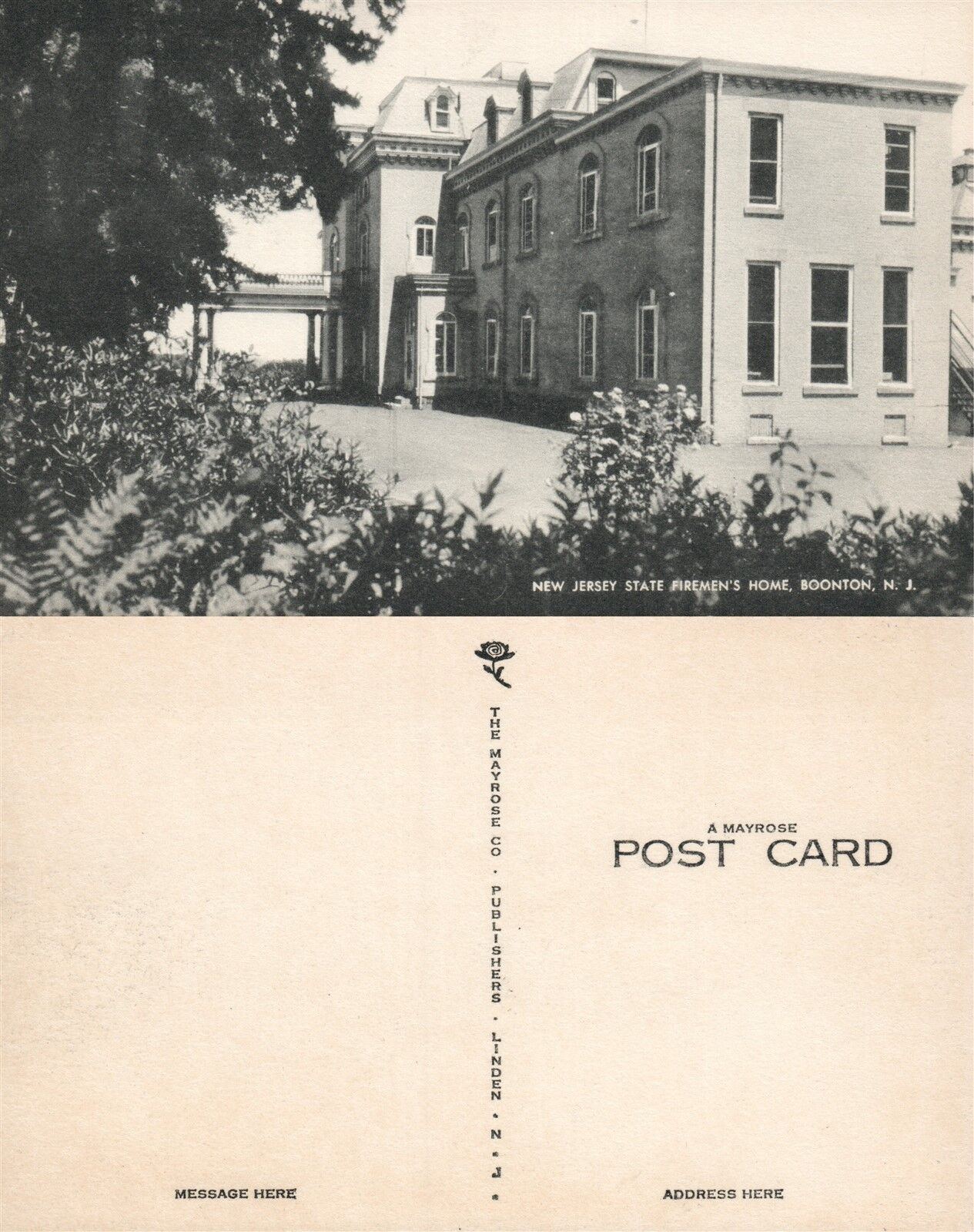 BOONTON NEW JERSEY FIREMEN'S HOME VINTAGE POSTCARD