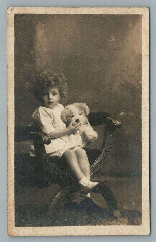 SMALL GIRL w/ PLUSH TOY DOG ANTIQUE REAL PHOTO POSTCARD RPPC