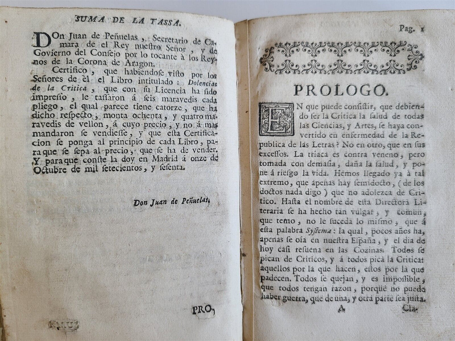 1760 DOLENCIAS DE LA CRITICA by Antonio Codorniu antique in SPANISH