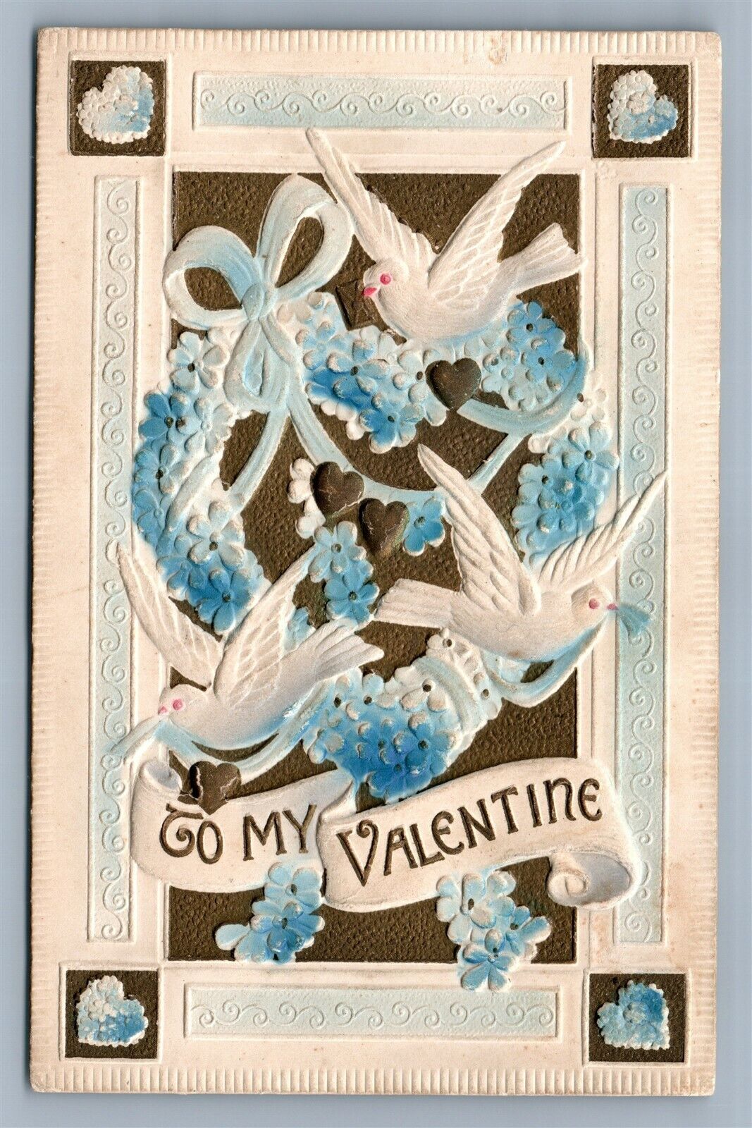 VALENTINE ANTIQUE EMBOSSED 1917 POSTCARD DOVES w/ FLOWERS