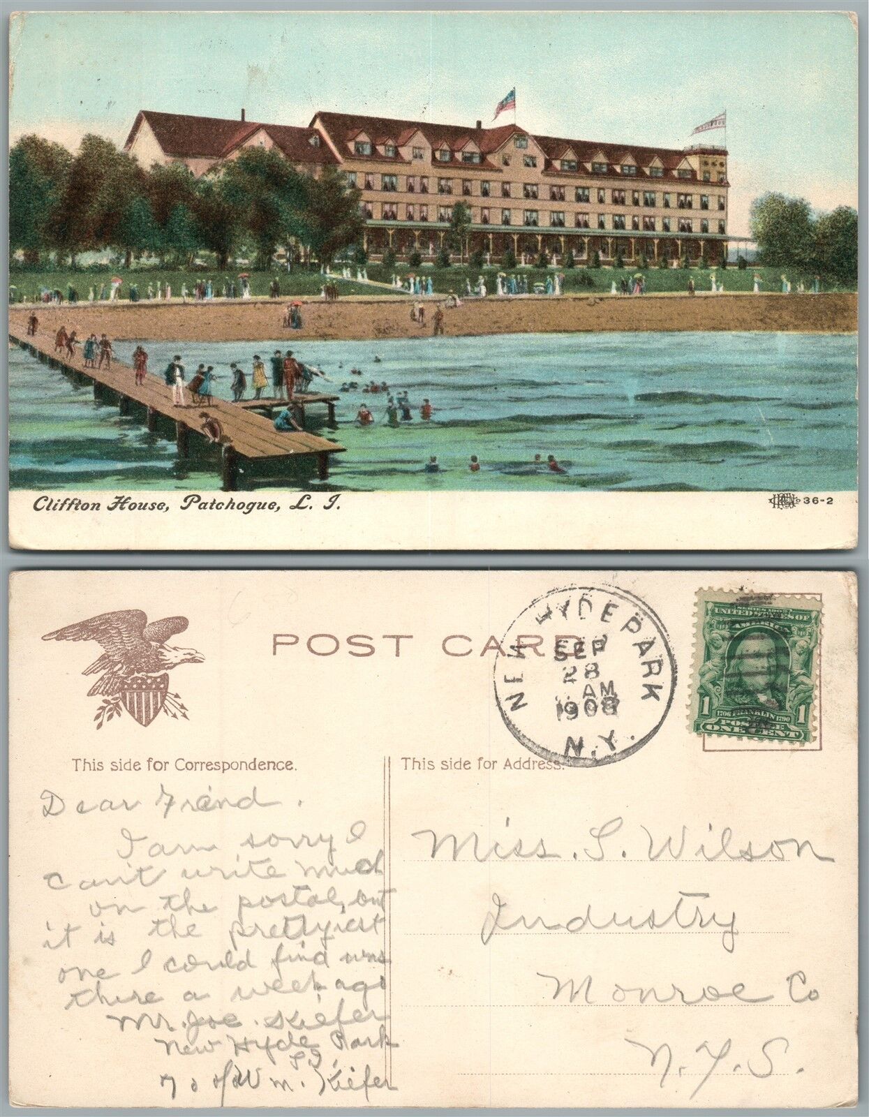 LONG ISLAND PATCHOGUE N.Y. CLIFFTON HOUSE 1909 ANTIQUE POSTCARD w/ CORK CANCEL