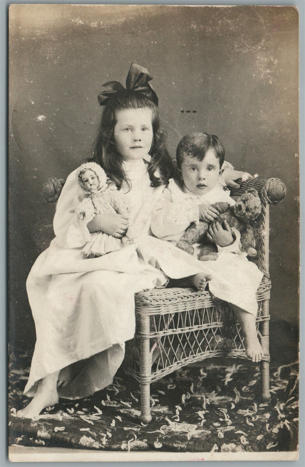 LITTLE BOY w/ TEDDY BEAR & GIRL w/ DOLL ANTIQUE REAL PHOTO POSTCARD RPPC