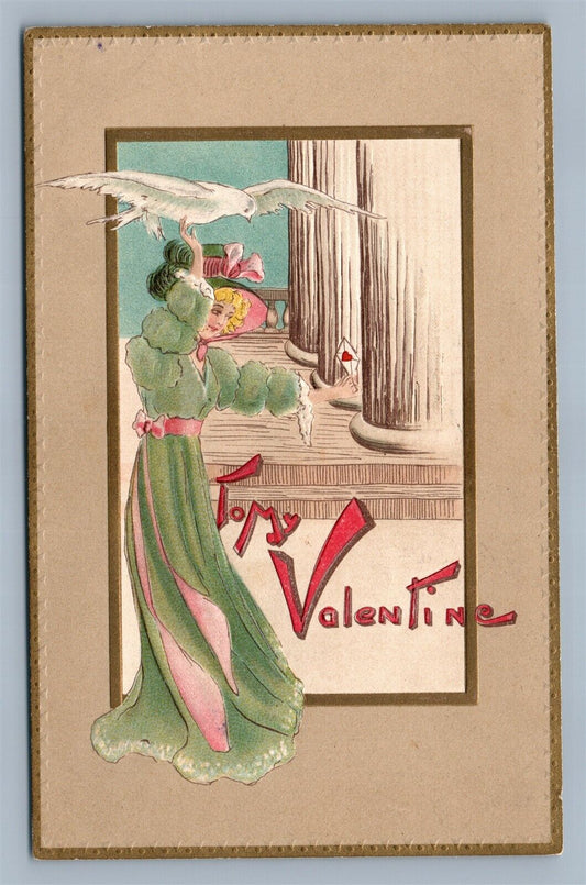 VALENTINE 1910 EMBOSSED ANTIQUE POSTCARD GLAMOUR LADY w/ WHITE BIRD