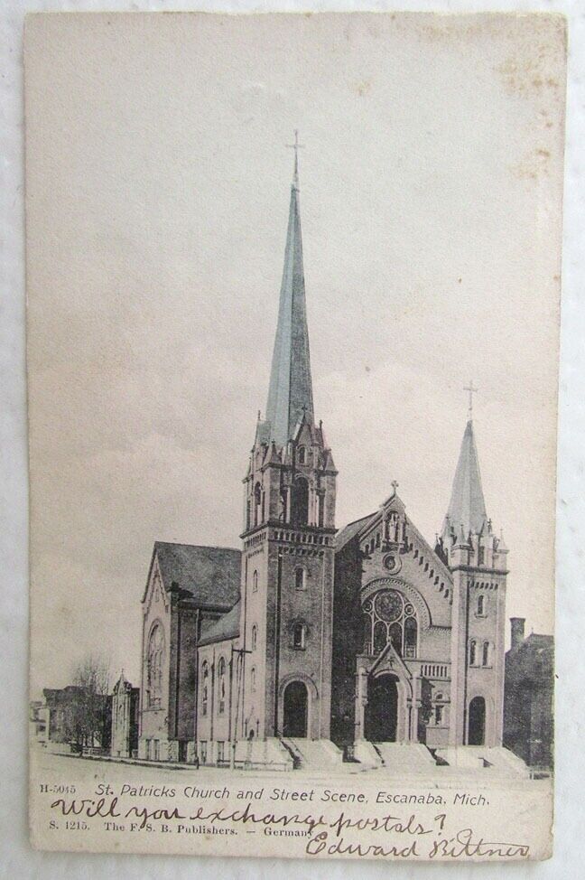 ST.PATRICK'S CHURCH & STREET SCENE ESCANABA MI ANTIQUE 1906 UNDIVIDED POSTCARD