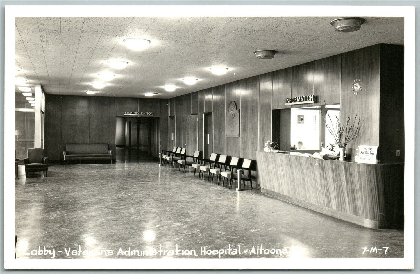 ALTOONA PA VETERAN'S ADM. HOSPITAL LOBBY VINTAGE REAL PHOTO POSTCARD RPPC