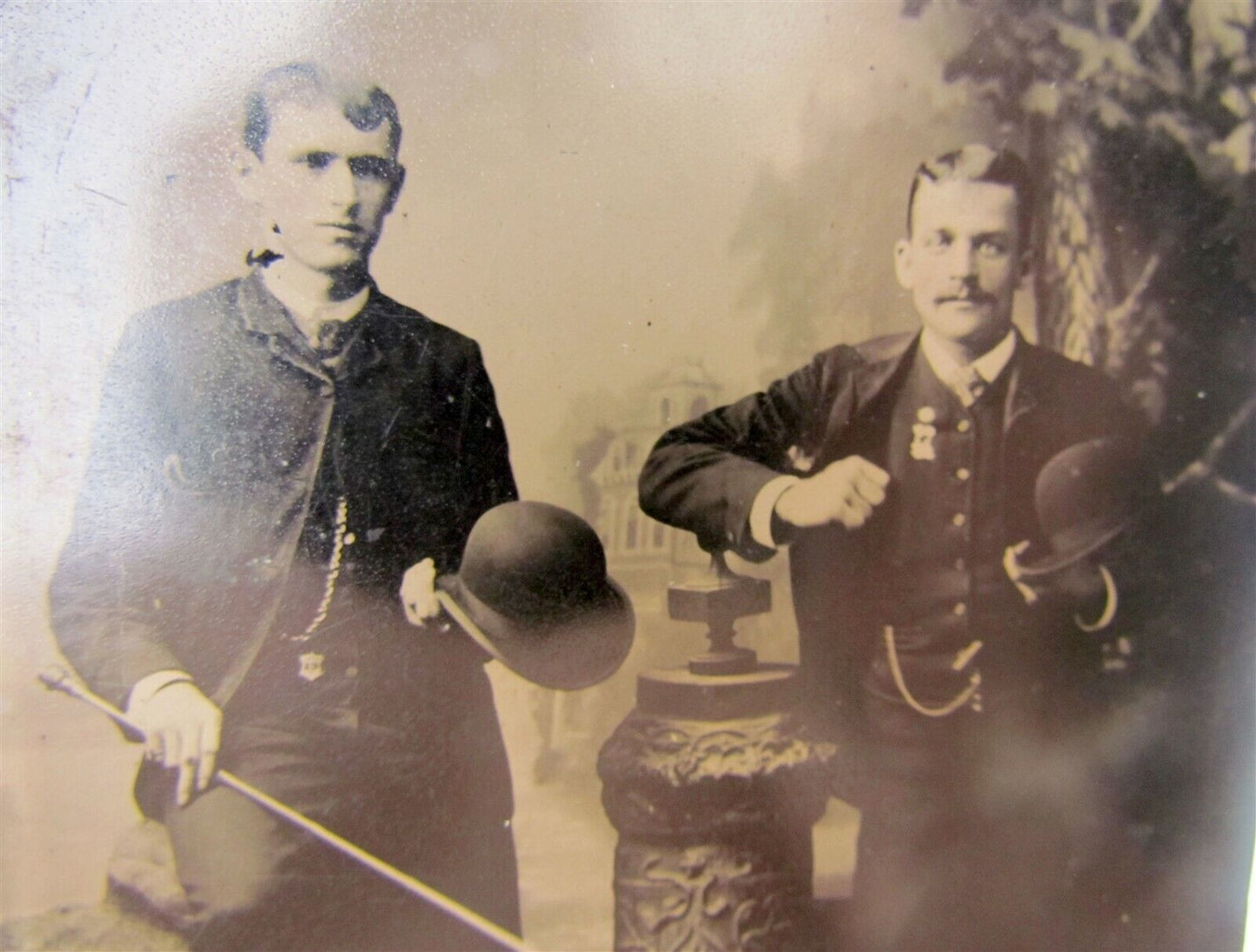 2 MEN w HATS & WALKING STICK LARGE ANTIUQE TIN TYPE PHOTO tintype