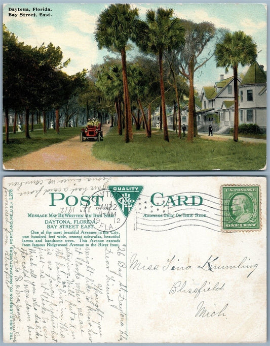 DAYTONA FL BAY STREET EAST 1912 ANTIQUE POSTCARD