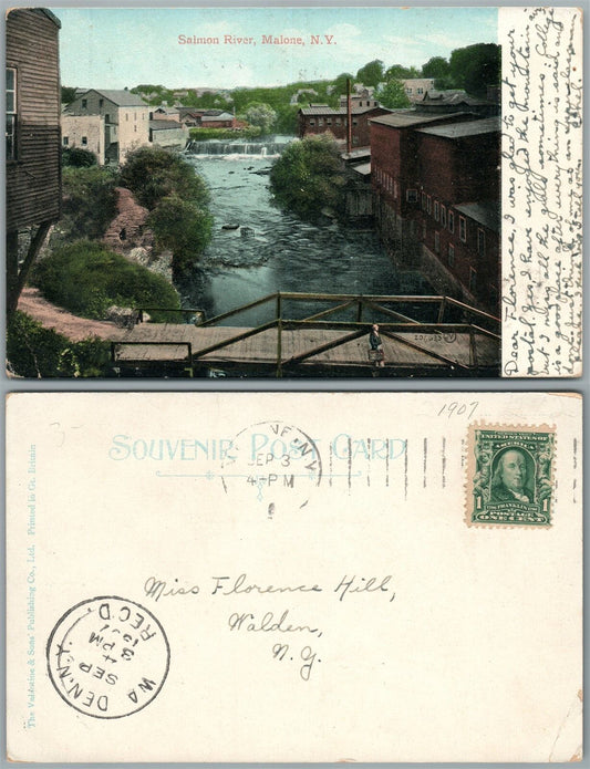 MALONE N.Y. SALMON RIVER 1907 UNDIVIDED ANTIQUE POSTCARD