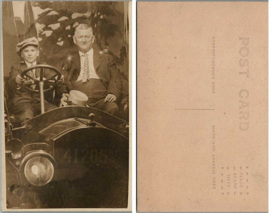 ANTIQUE RPPC REAL PHOTO POSTCARD - FATHER & SON POSING WITH CAR