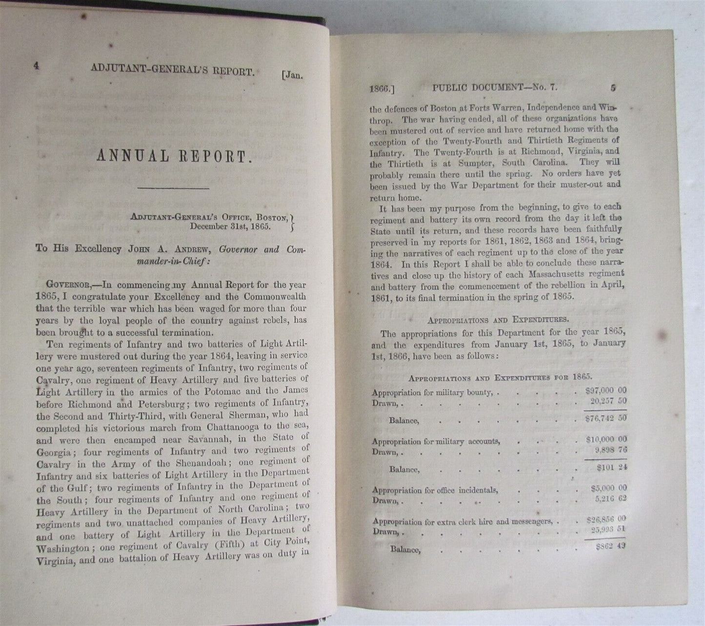 1866 ANNUAL REPORT of ADJUTANT GENERAL of MASSACHUSETTS antique AMERICANA