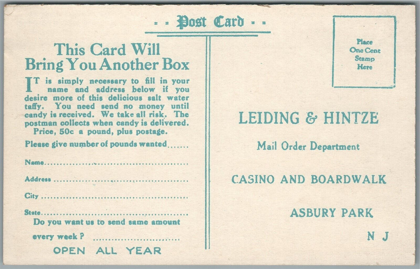 ASBURY PARK NJ CASINO SHOPPE CANDY ADVERTISING ANTIQUE POSTCARD