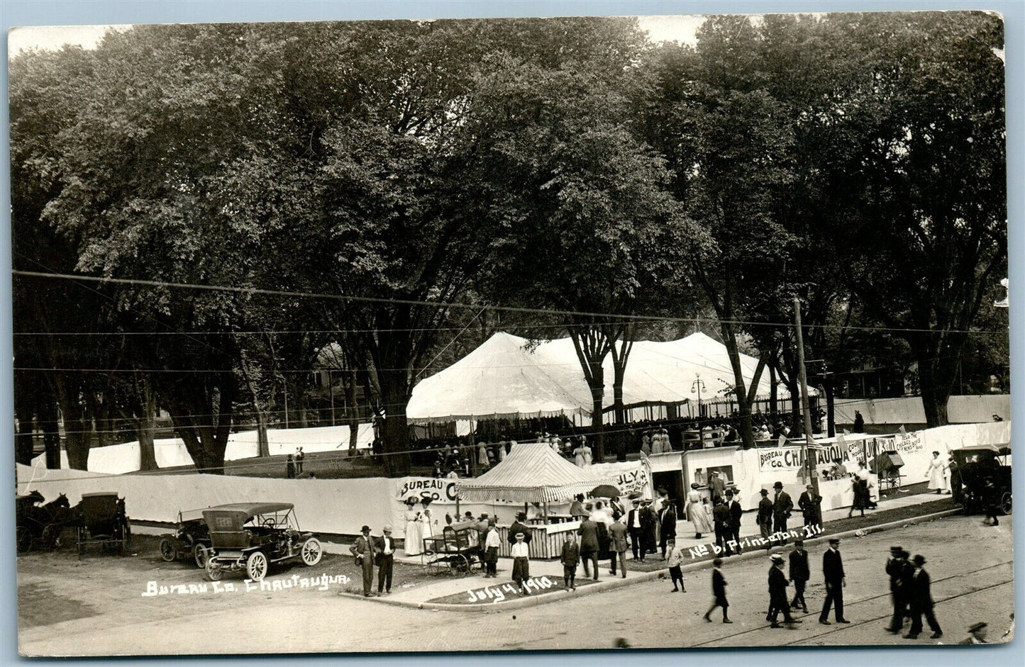 PRINCETON IL BUREAU CO. CHAUTAUQUA TENT ANTIQUE REAL PHOTO POSTCARD RPPC OLD CAR