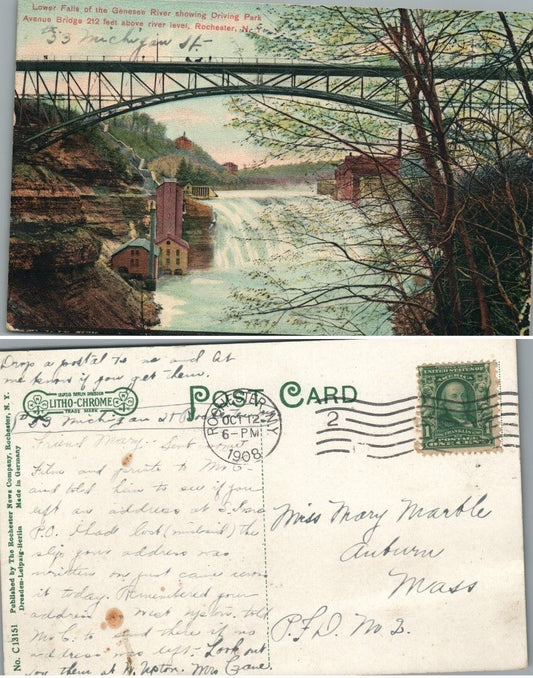 ANTIQUE 1908 POSTCARD GENESEE RIVER FALLS DRIVING PARK AVE BRIDGE ROCHESTER N.Y.