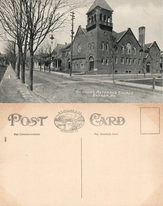 BANGOR PA ST.JOHN'S REFORMED CHURCH B/W ANTIQUE POSTCARD