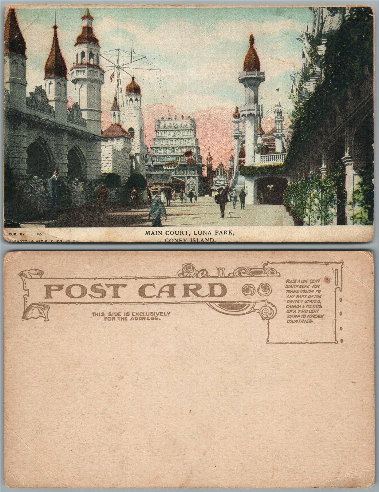 BROOKLYN N.Y. CONEY ISLAND LUNA PARK MAIN COURT UNDIVIDED ANTIQUE POSTCARD