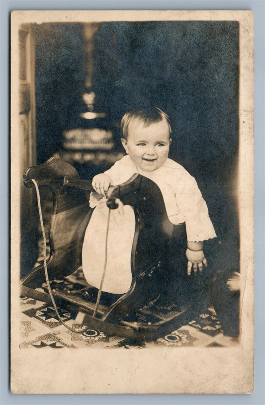 PHILLIPSBURG PA BOY w/ TOY HORSE ANTIQUE REAL PHOTO POSTCARD RPPC