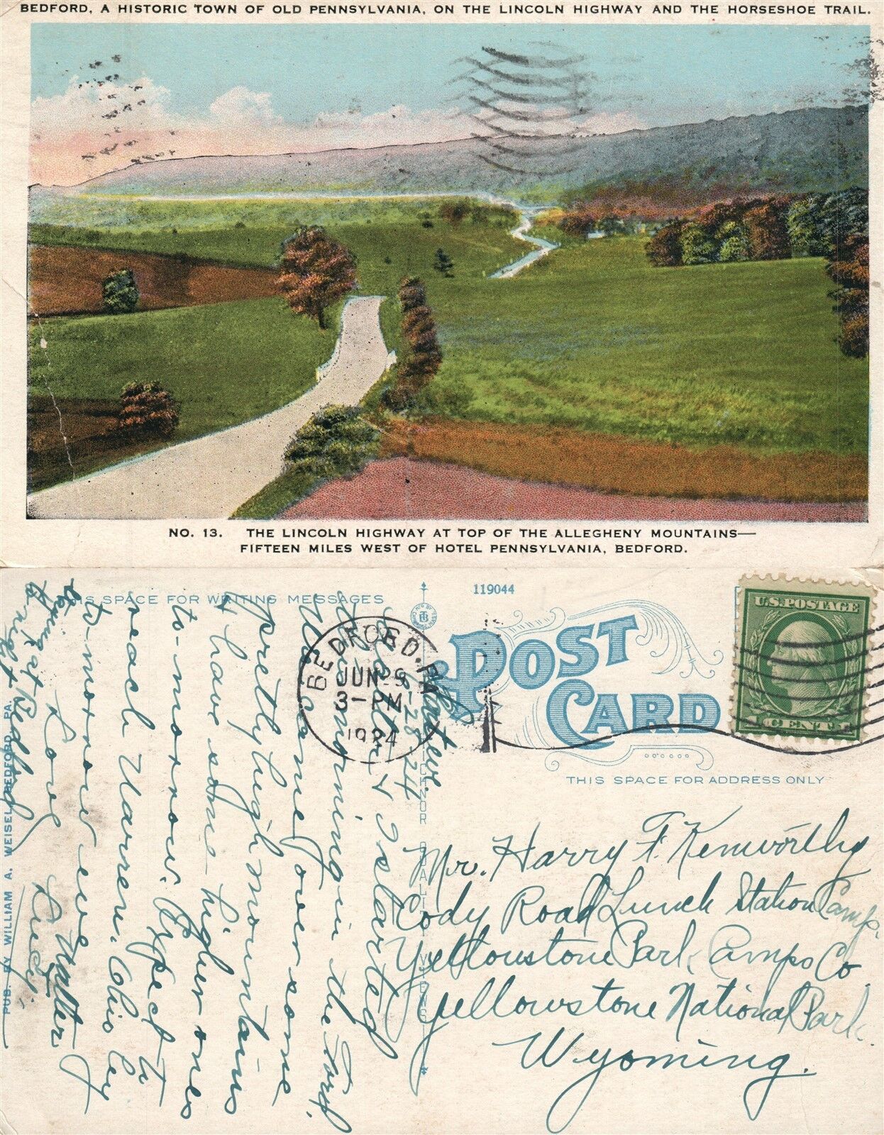 BEDFORD PA LINCOLN HIGHWAY & HORSESHOE TRAIL 1924 ANTIQUE POSTCARD