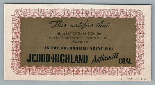 FREEHOLD NJ ANTRACITE COAL ADVERTISING VINTAGE CARD