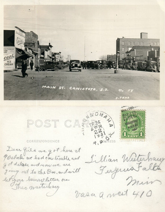 CANISTOTA S.D. MAIN STREET 1931 RPPC REAL PHOTO VINTAGE POSTCARD signs autos