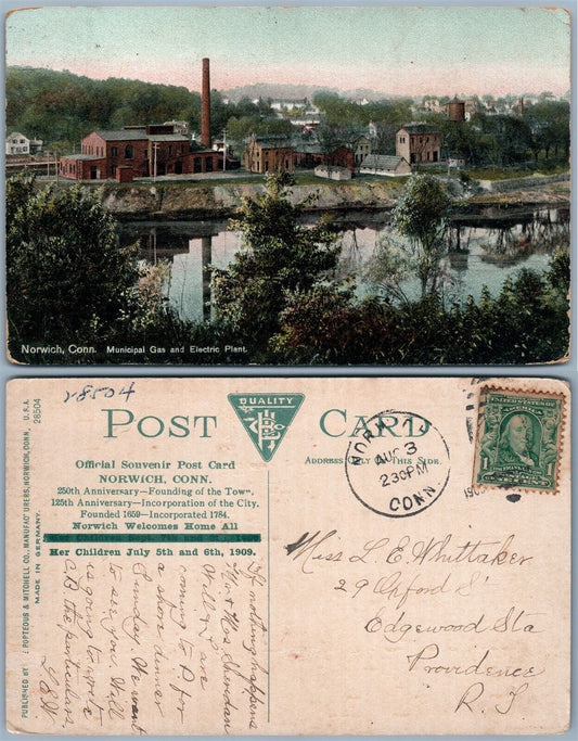 NORWICH CT MUNICIPAL GAS & ELECTRIC PLANT 1909 ANTIQUE POSTCARD w/ CORK CANCEL