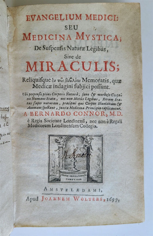 1699 EVANGELIUM MEDICI SEU MEDICINA MYSTICA by Bernard CONNOR antique VELLUM